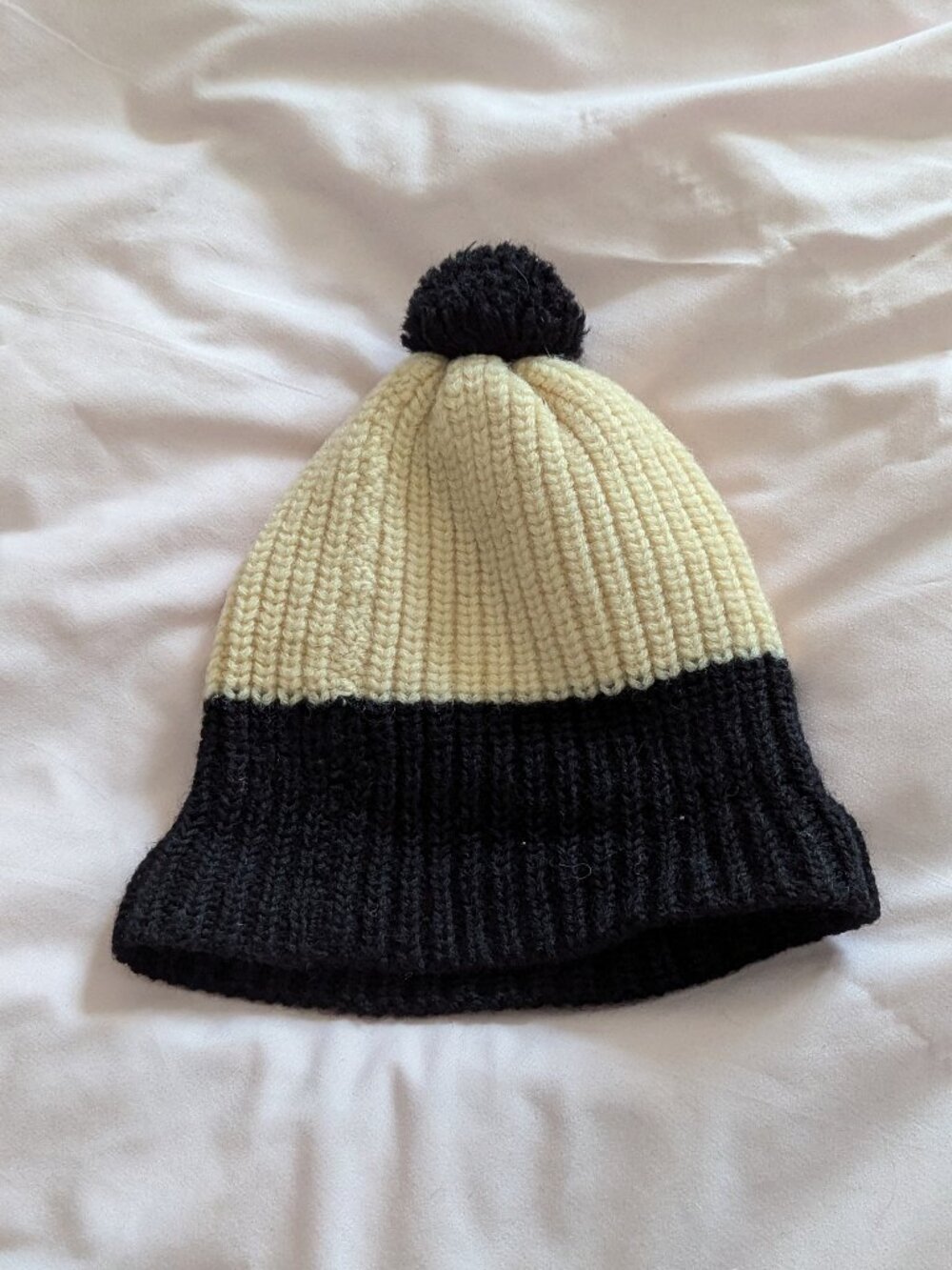 Black Cream Colorblock Pom Pom Knit Beanie